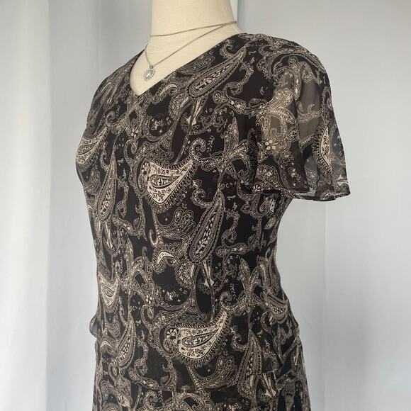 Skirt Set Size 14 Black Beige Paisley Flutter Short Sleeve A Line Y2K 2 Piece - Picture 9 of 16